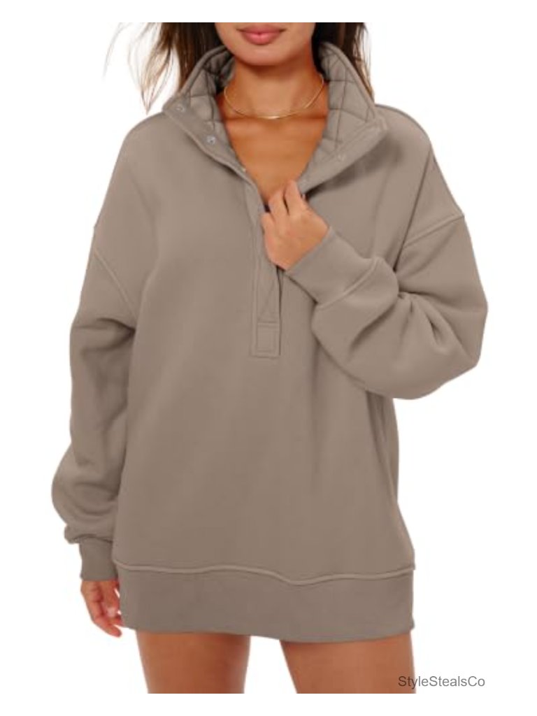 Oversized Henley Neck Long Sleeve Pullover Sweatshirt Cotton Blend